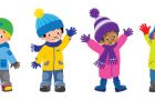 Set of four kids in winter clothes waving by hands. Children vector illustration. European, asian and african ethnicity, boys and girls